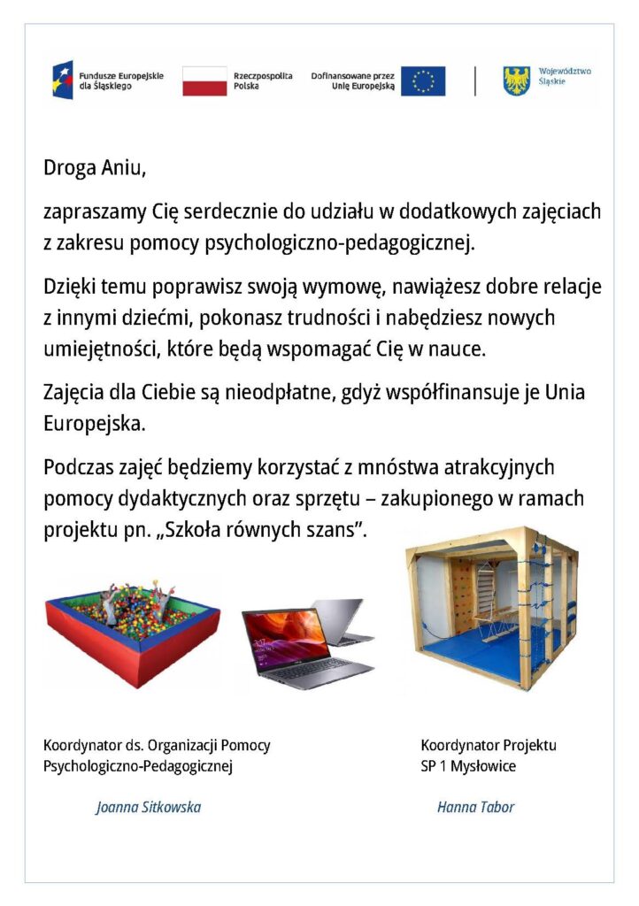 Zaproszenie dla dziewczynki na zajęcia specjalistyczne z zakresu pomocy psychologiczno-pedagogicznej